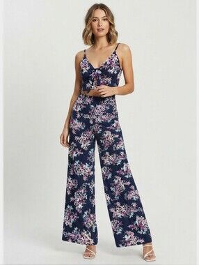 NEW 2pc Navy Floral Print Crop Top & Wide Leg Pants Set Size M/L